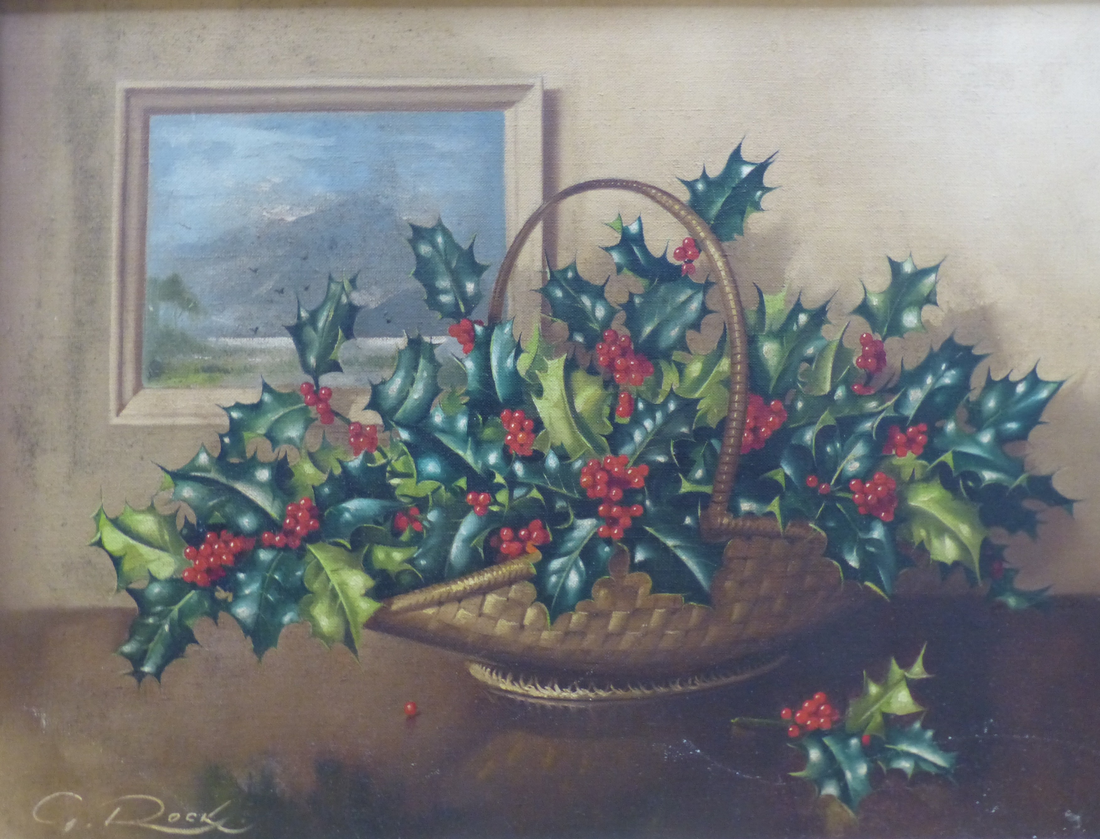Geoffrey A Rock (Canadian 1923-2000), oil on canvas, Still life of holly in a basket, signed, 37 x 50cm